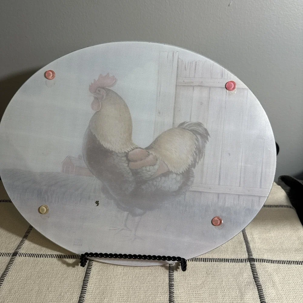 Vintage Tempered Glass Cutting Board Rustic Rooster‎ Design Oval Farmhouse